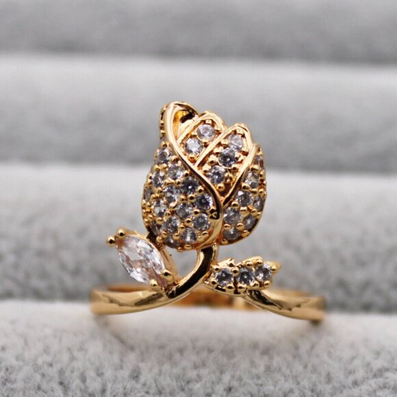 18K Yellow Gold Filled Carved Rose Flower Leaf Diamond Zircon Ring Gorgeous Gift - Picture 2 of 5
